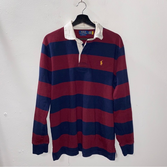 Polo Ralph Lauren Other - Polo Ralph Lauren Rugby Shirt Long Sleeve Burgundy Navy Blue Stripe Size Large